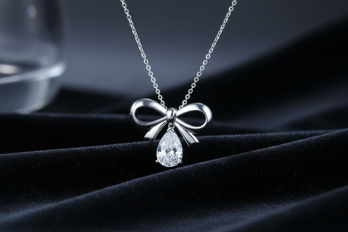 925 Sterling Silver Elegant Bow Necklace with Moissanite Pendant