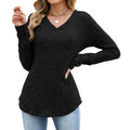 Solid-color V-neck Lace-panel Loose-fitting Long-sleeve Top by Ricaloux