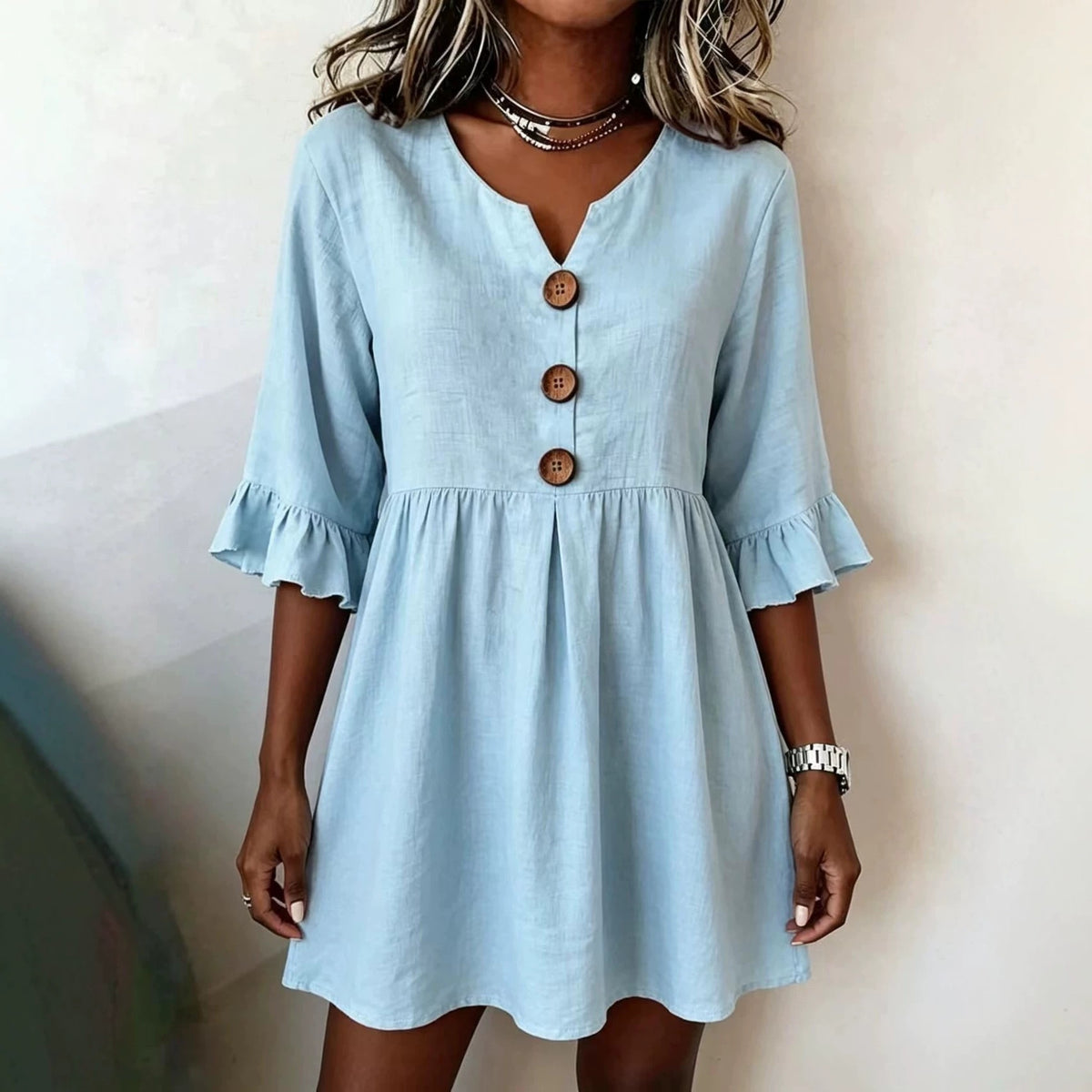 Womens V-neck Cotton-linen Side-detailed Dress – Premium 0 | RICALOUX