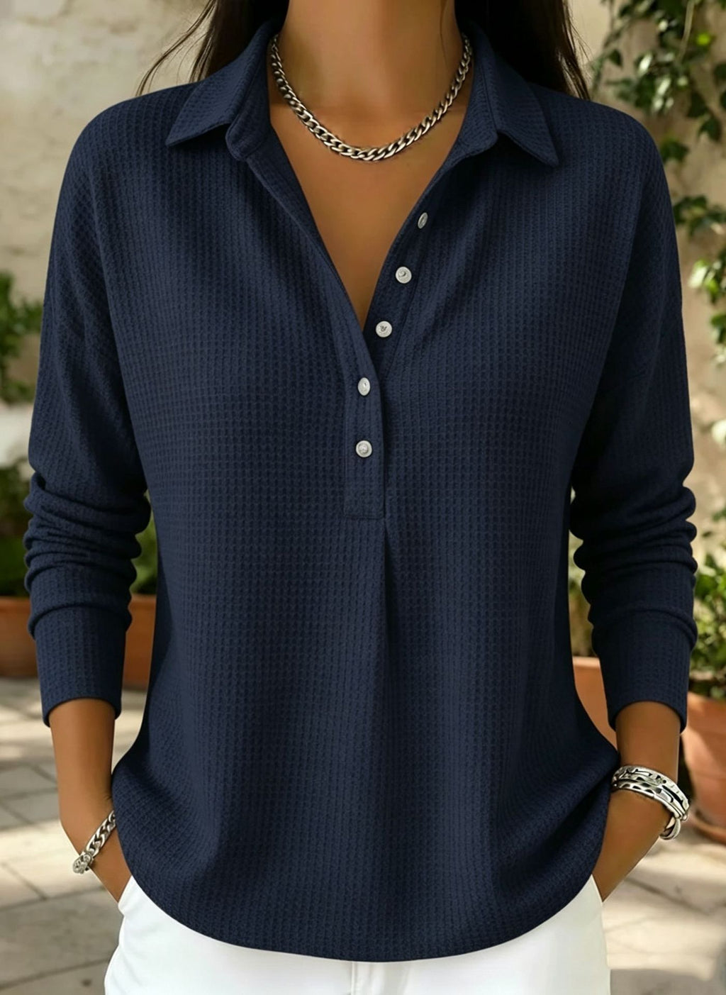 Waffle-weave Relaxed-fit Lapel Long-sleeve Solid-color Button-up Shirt by Ricaloux