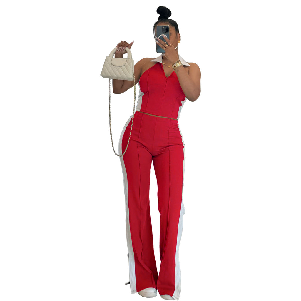 Fashionable Patchwork Color-Block V-Neck Zippered Sleeveless Split-Pant Two-Piece Set by Ricaloux