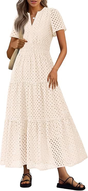 Womens Short-Sleeve V-Neck Hollow-Out Dress by Ricaloux