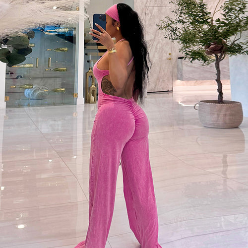Casual Sporty Fauxwatereffect Openback Flared Jumpsuit – Premium 0 | RICALOUX