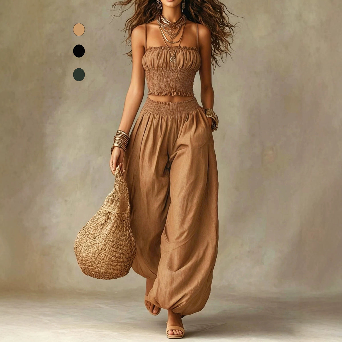 Elegant Strapless Cropped Camisole Paired With Lantern Pants Set by Ricaloux