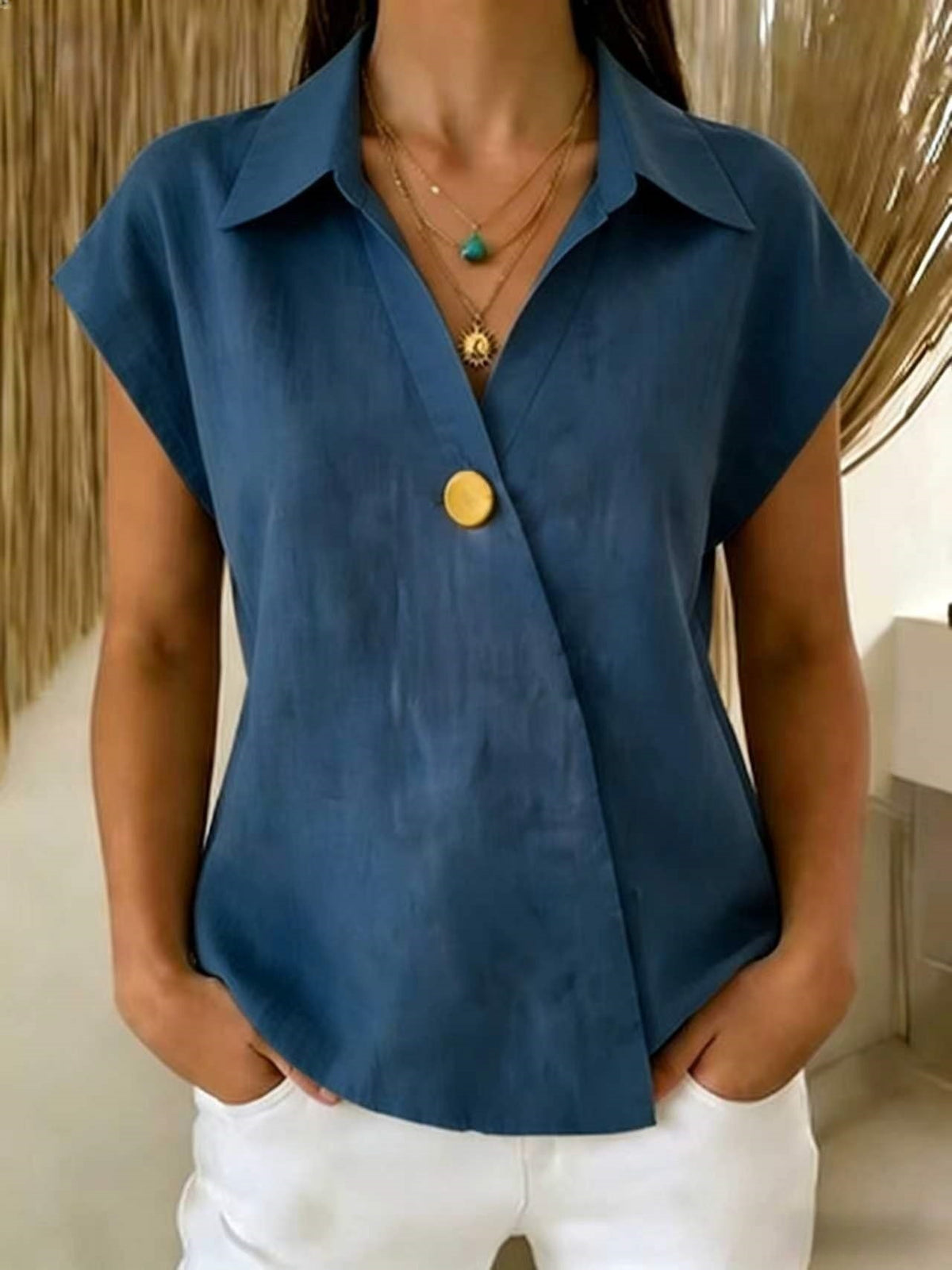 Loose-fitting Casual Lapel-button Top by Ricaloux