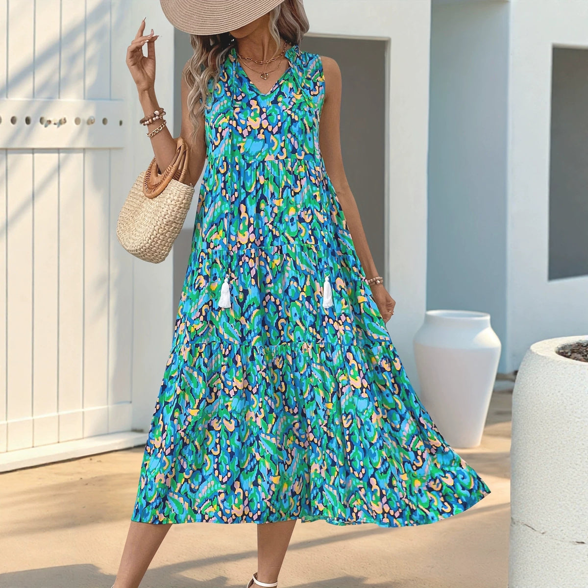 Sleeveless V-neck Tassel Abstract-print Dress by Ricaloux