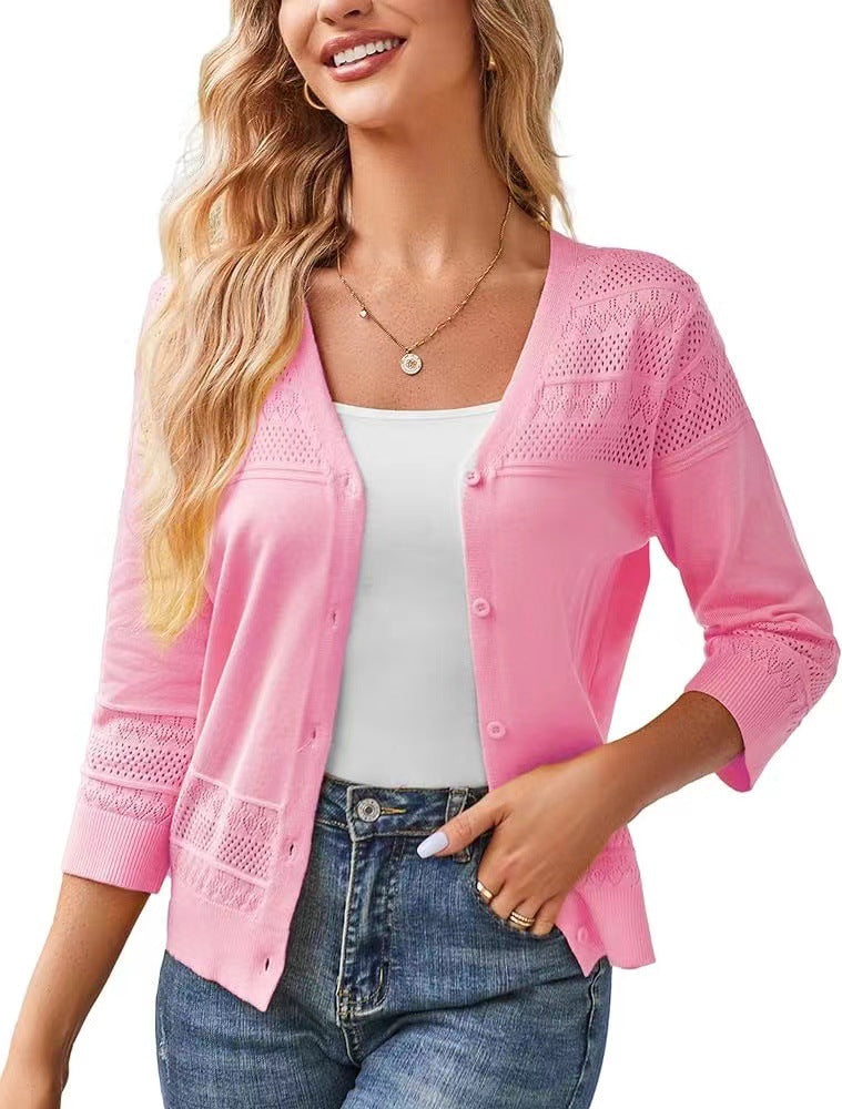 V-neck Cropped Outerwear Hollow-out Knit Cardigan – Premium 0 | RICALOUX