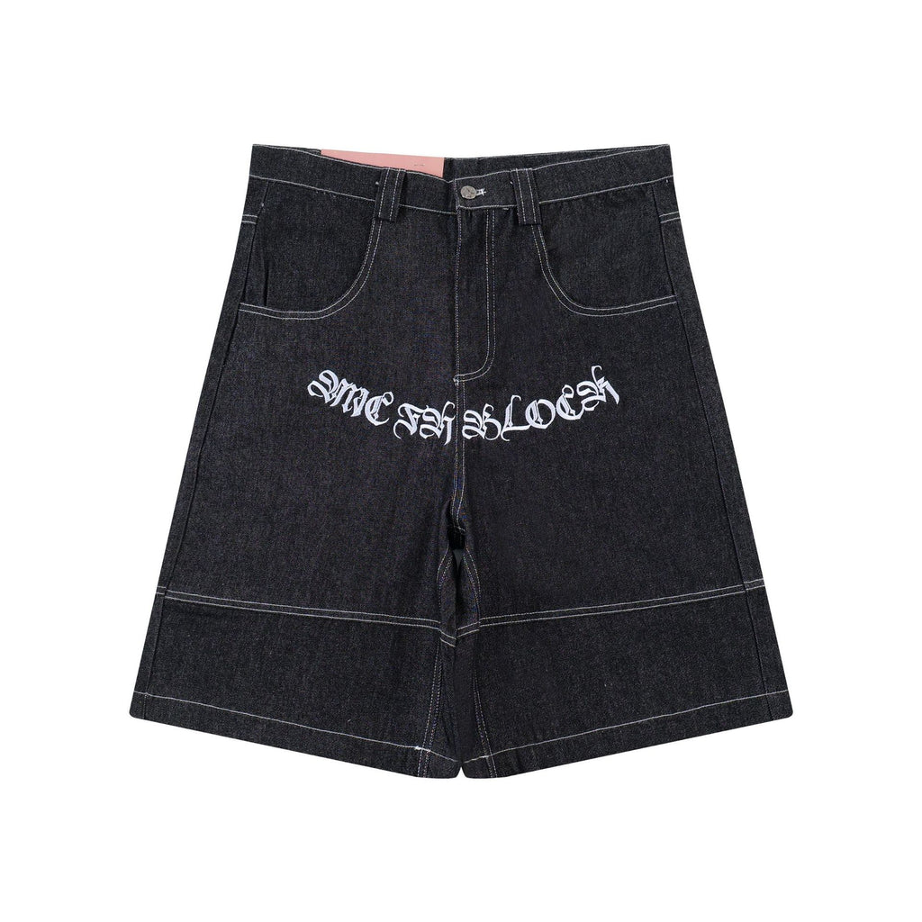 Carnot-style Embroidered Cursive Lettering Denim Shorts by Ricaloux