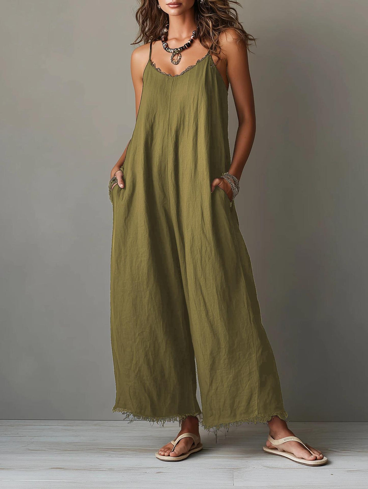 Womens Loose-fitting Solid-color Wide-leg Jumpsuit With Straps by Ricaloux