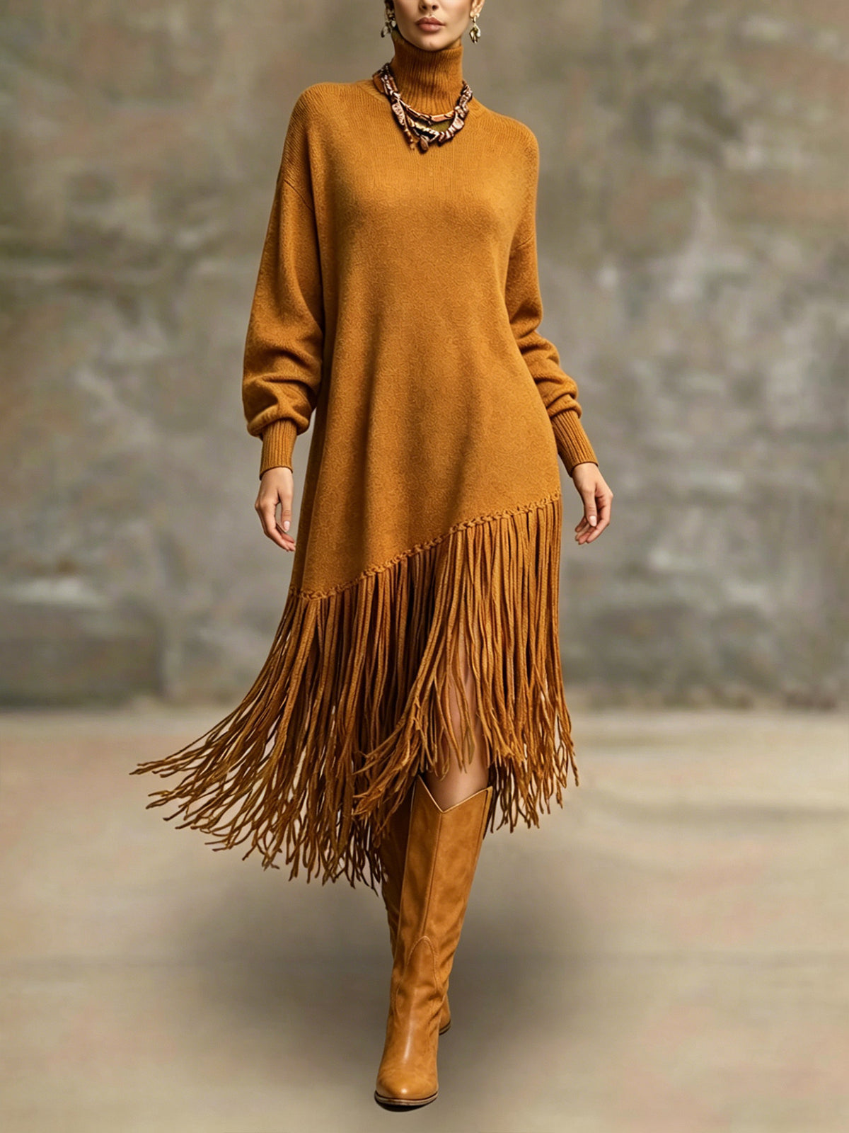 Womens Long Tassel Solid-Color Versatile Dress – Premium 0 | RICALOUX