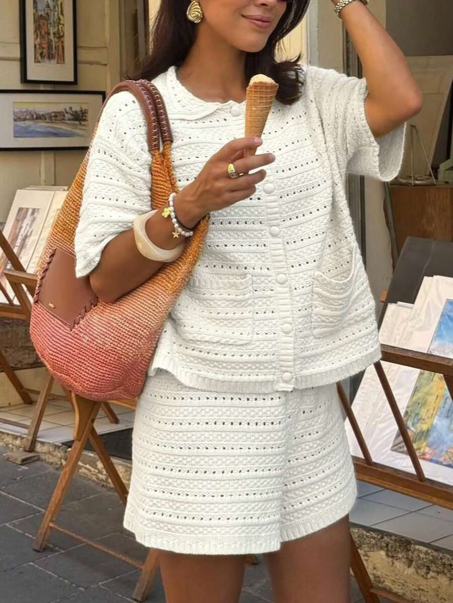 Short-sleeved Solid-color Knitted Cardigan And Shorts 2-piece Set by Ricaloux