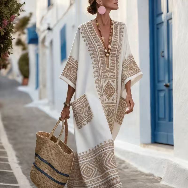 European And American 3D Digital-print V-neck Dress by Ricaloux