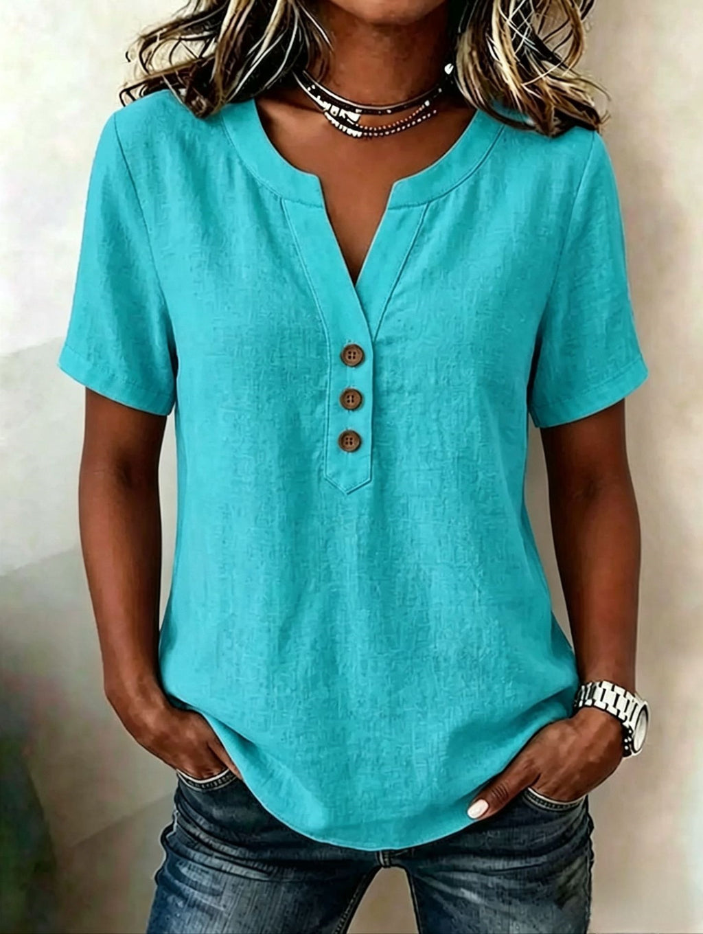 Casual Loose-fit Cotton-linen V-neck Button-up Top by Ricaloux