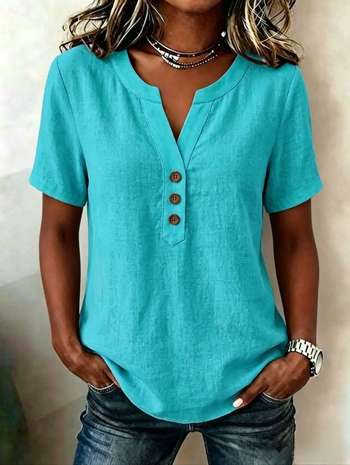 Casual Loose-fit Cotton-linen V-neck Button-up Top by Ricaloux