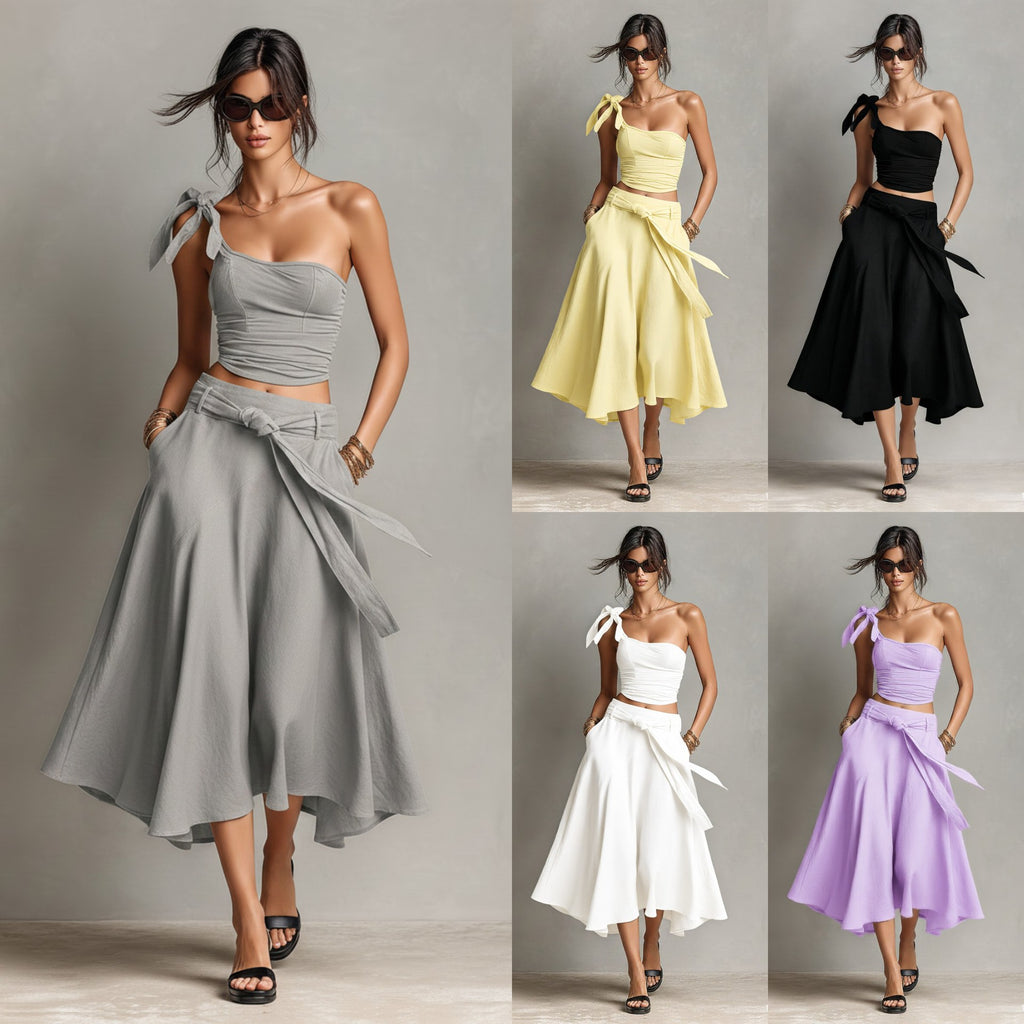 Off-Shoulder Strap Top With Slanted Shoulders High-Waisted A-Line Long Skirt Womens Set – Premium 0 | RICALOUX