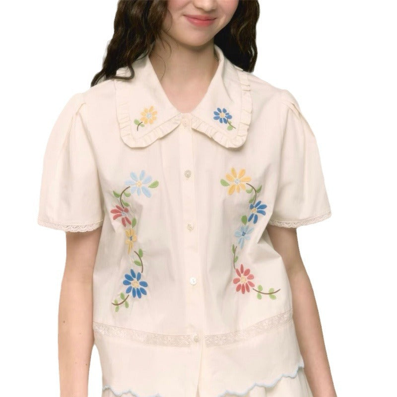 Retro Sweet Floral Embroidered Peter Pan Collar Shirt And Skirt Set by Ricaloux