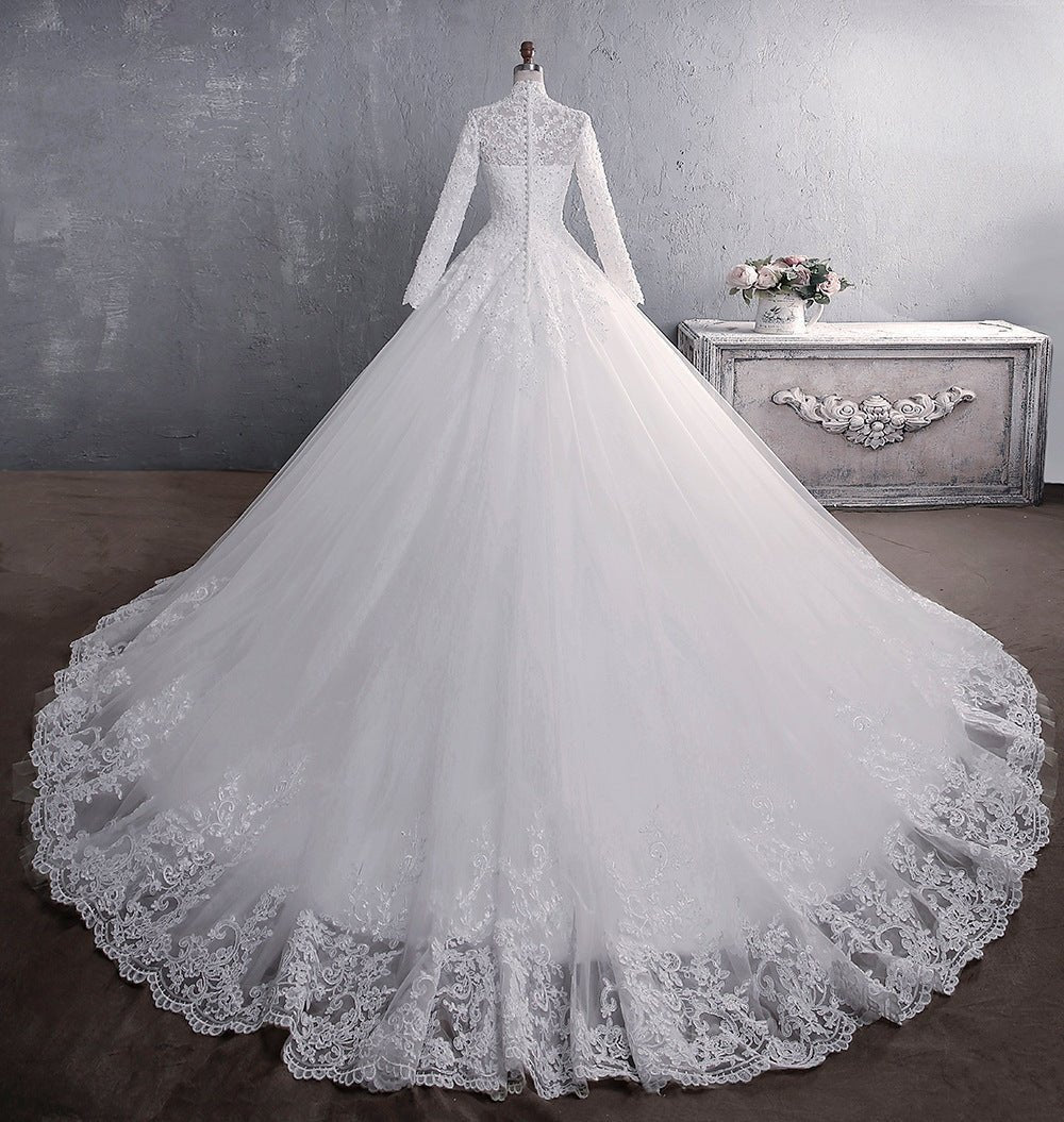 Lace Wedding Dress Bridal Stand-up Collar Long-sleeved Large Tail Large Size - RICALOUX
