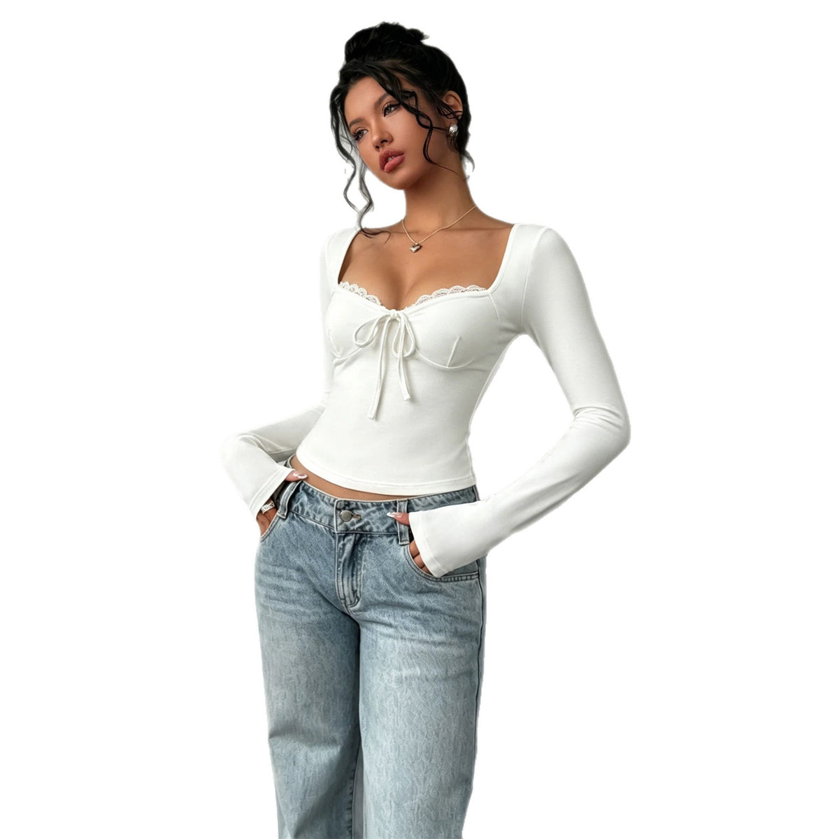 Womens Lace Long-sleeve Tie-front Top – Premium 0 | RICALOUX