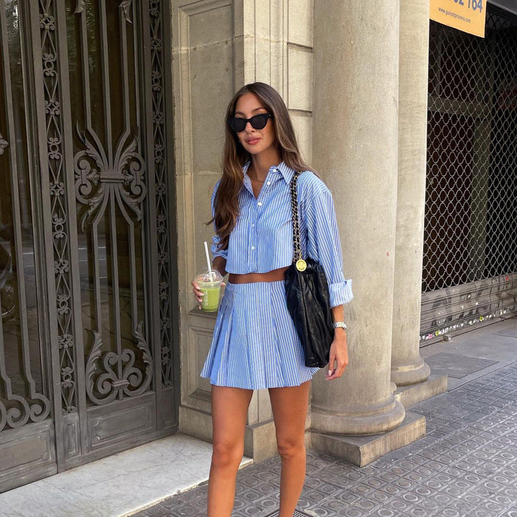 Fashionable Striped Collared Long-sleeved Shirt And Skirt Set by Ricaloux