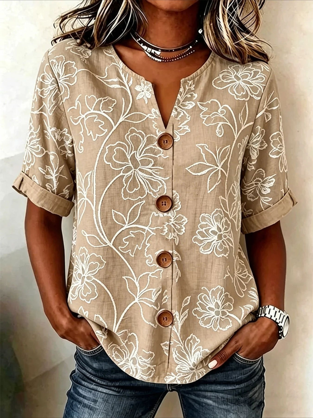 Lantern-sleeve Printed Button-up Womens Blouse by Ricaloux
