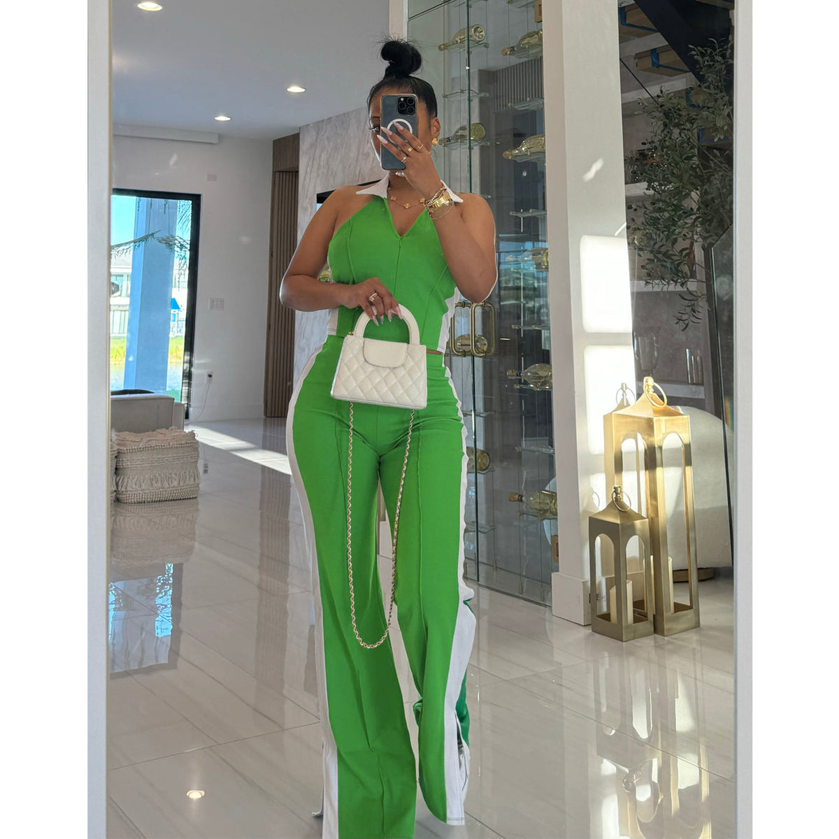 Fashionable Patchwork Color-Block V-Neck Zippered Sleeveless Split-Pant Two-Piece Set by Ricaloux