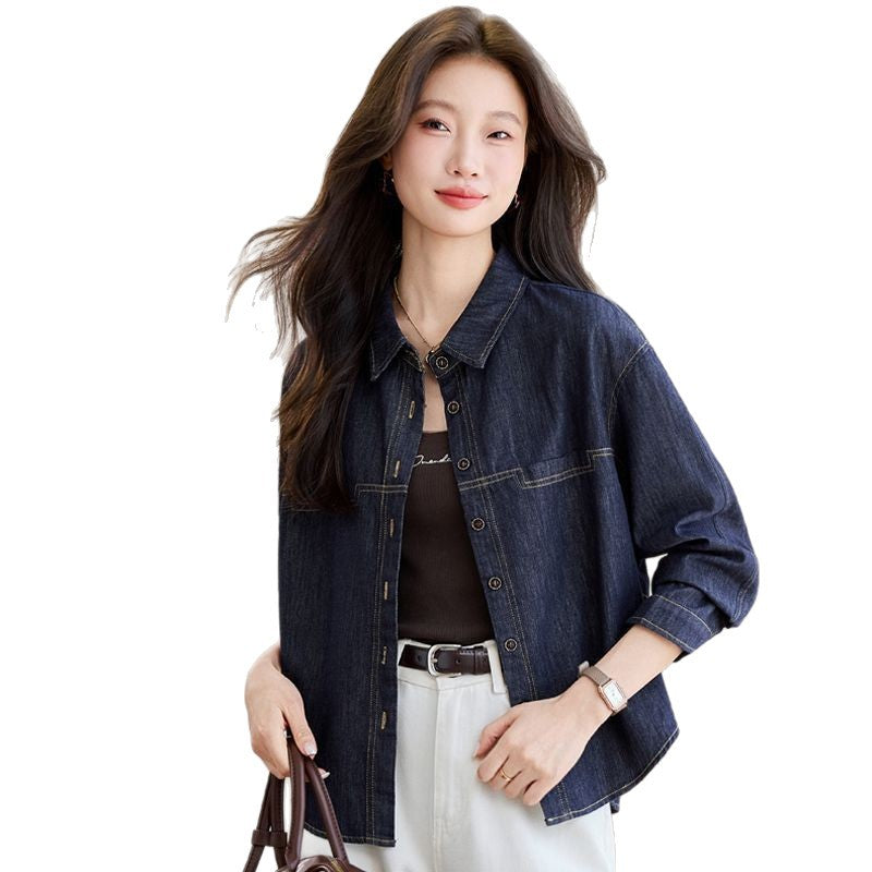 Dark Blue Long-sleeve Denim Shirt Womens Loose Fit – Premium 0 | RICALOUX