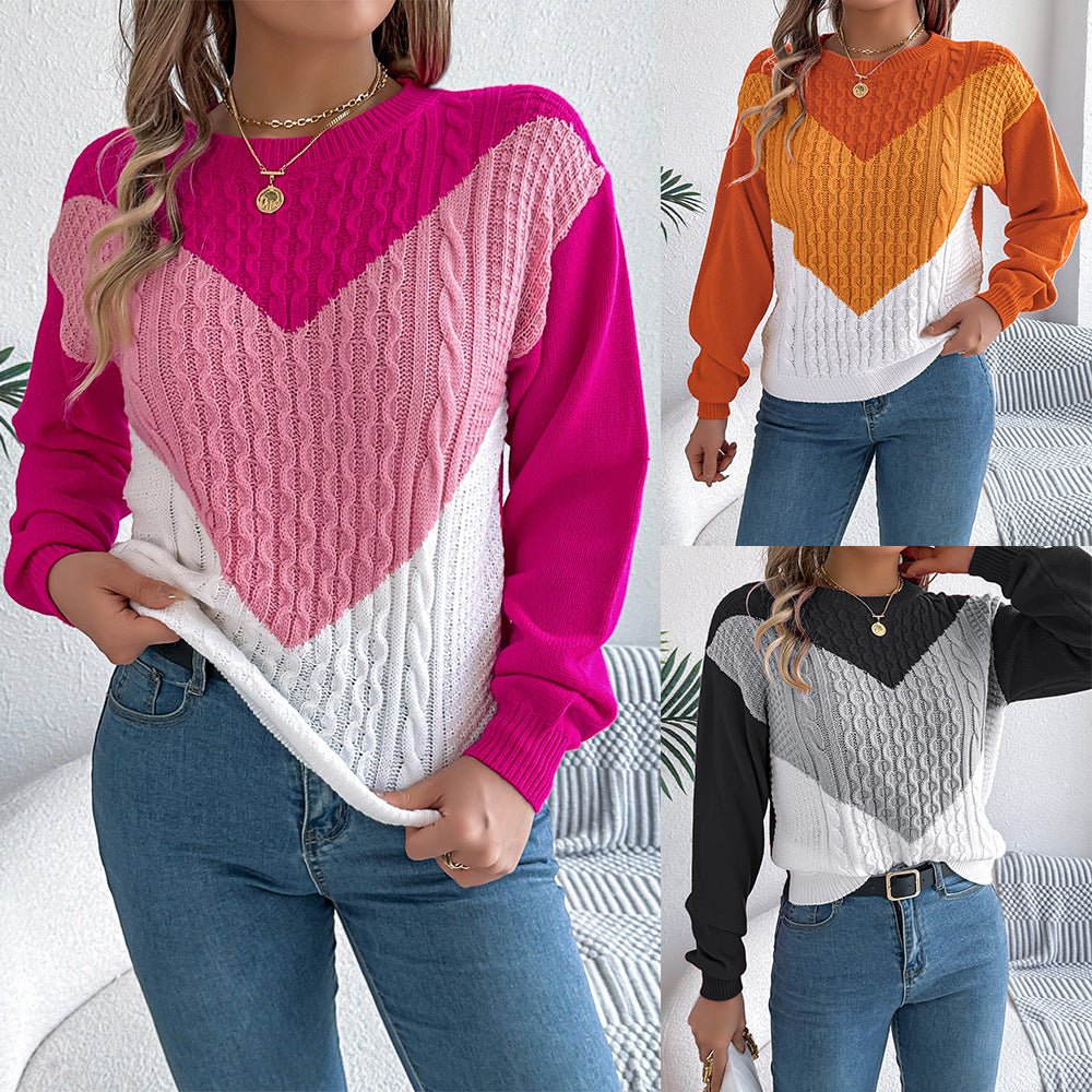 Color Matching Twist Lantern Sleeve Pullover Sweaters Women's Clothing - RICALOUX