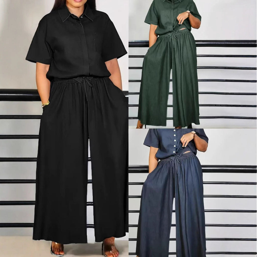 Womens Fashionable Loose Casual Solid-Color Two-Piece Set Short-Sleeve Top And Wide-Leg Long Pants by Ricaloux