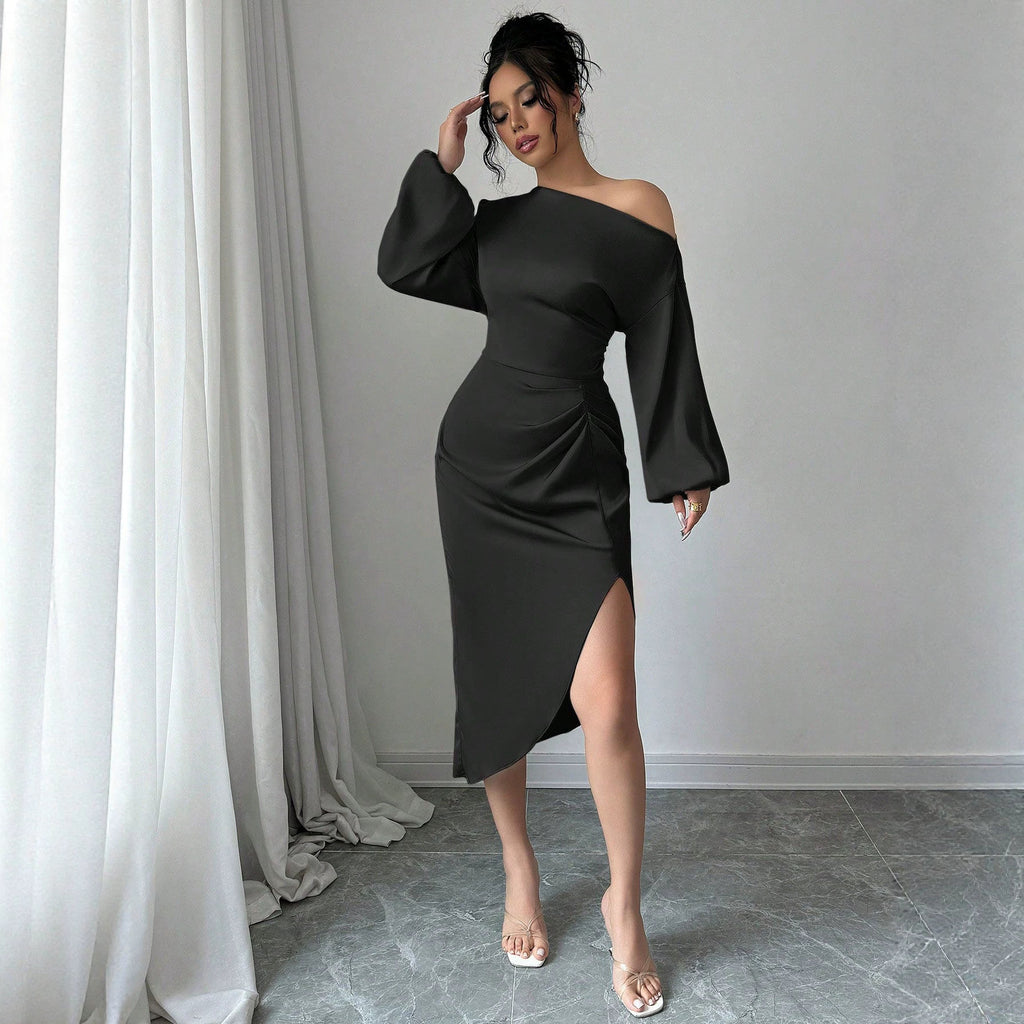 Off Shoulder Long Sleeve Dress With A Slanted Neckline by Ricaloux