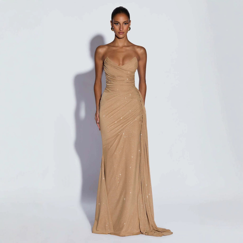 European And American-style Shimmering Strapless Waist-cinching Maxi Evening Gown With Crisscross Detailing by Ricaloux