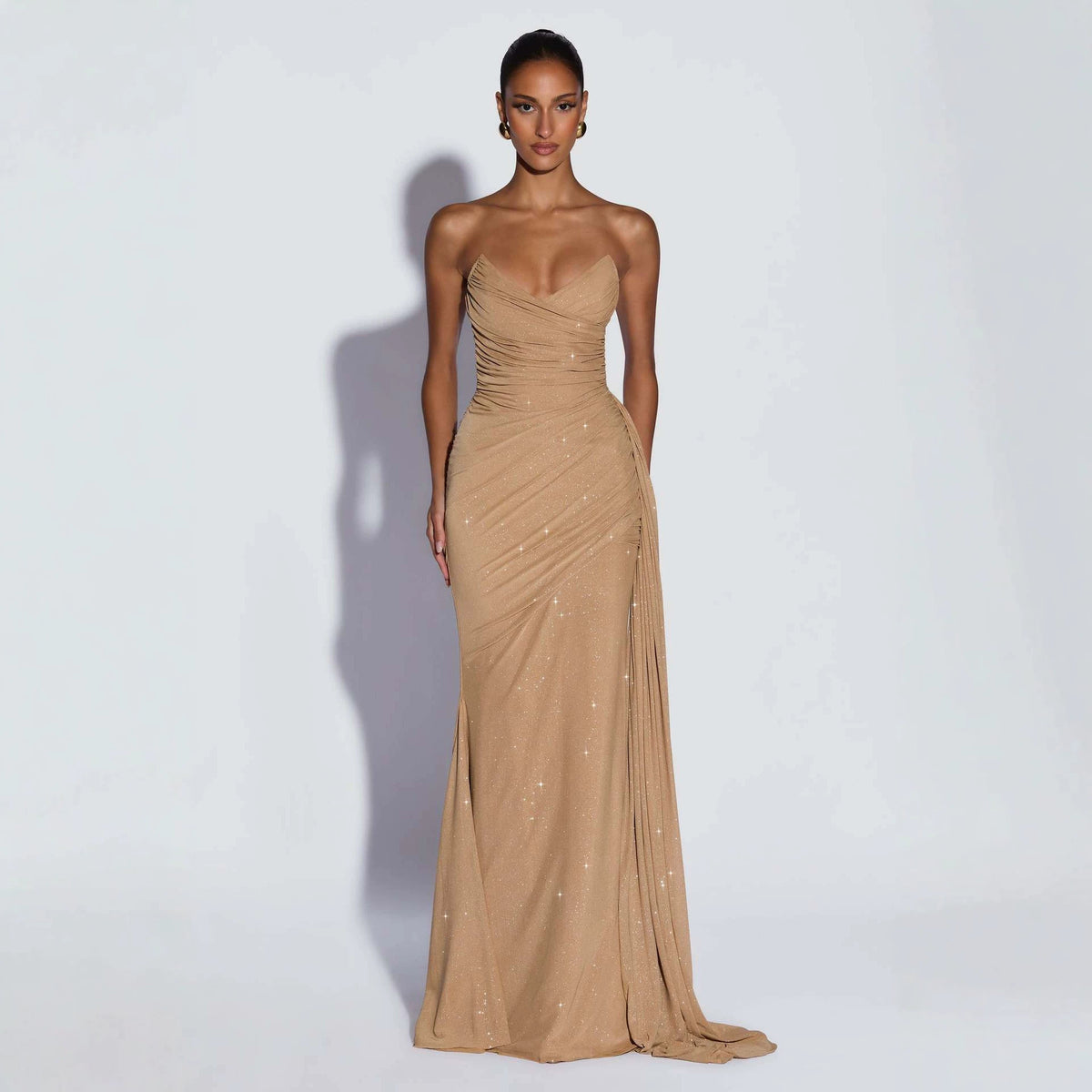 European And American-style Shimmering Strapless Waist-cinching Maxi Evening Gown With Crisscross Detailing by Ricaloux
