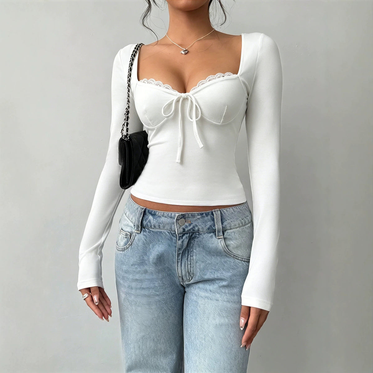 Womens Lace Long-sleeve Tie-front Top – Premium 0 | RICALOUX