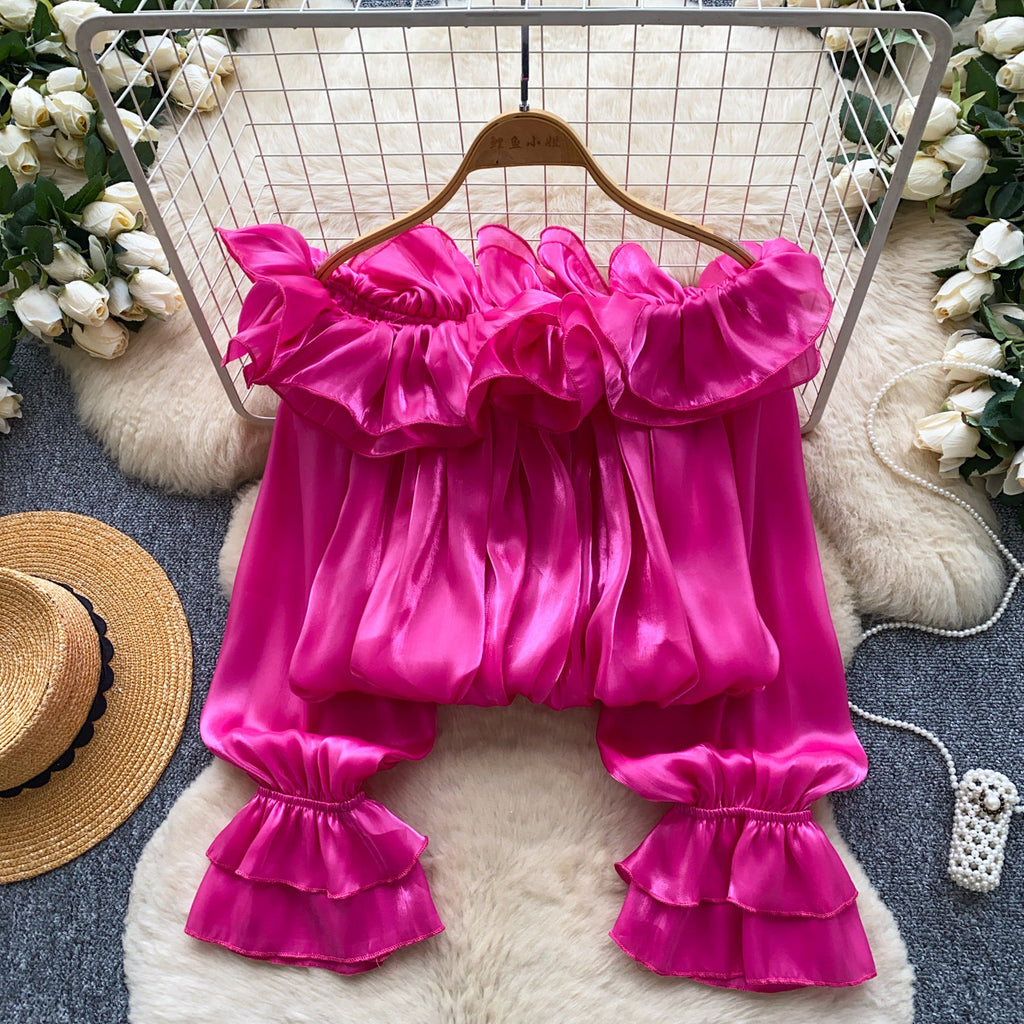 Off-the-shoulder Chiffon Blouse With Ruffled Trim Elegant Style by Ricaloux