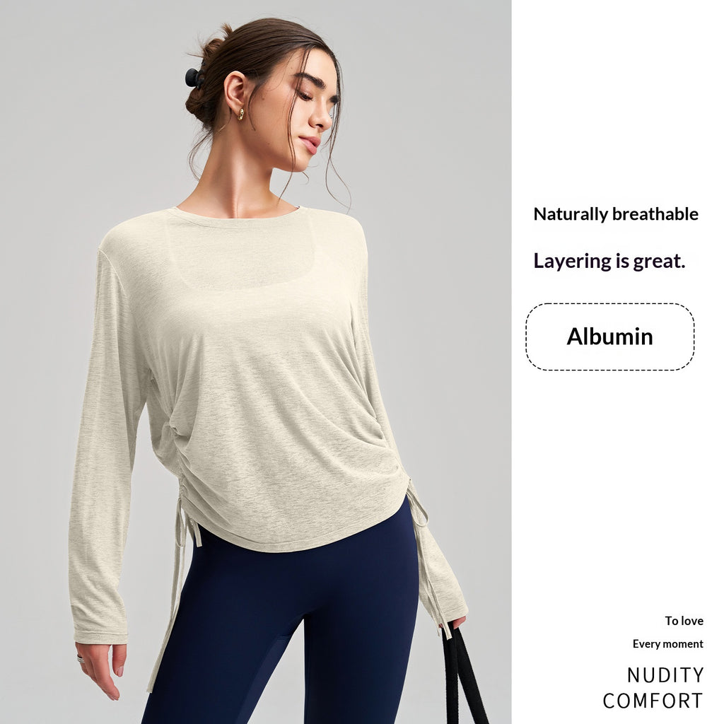 New Outerwear Crew Neck Yoga Cover-up Long-Sleeve Hip-Covering Side Drawstring T-Shirt, Loose Breathable Workout Running Yoga Top – Premium 4 | RICALOUX