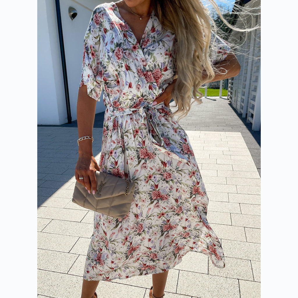 Womens Fashion Floral V-Neck Defined Waist Short-Sleeve Dress by Ricaloux