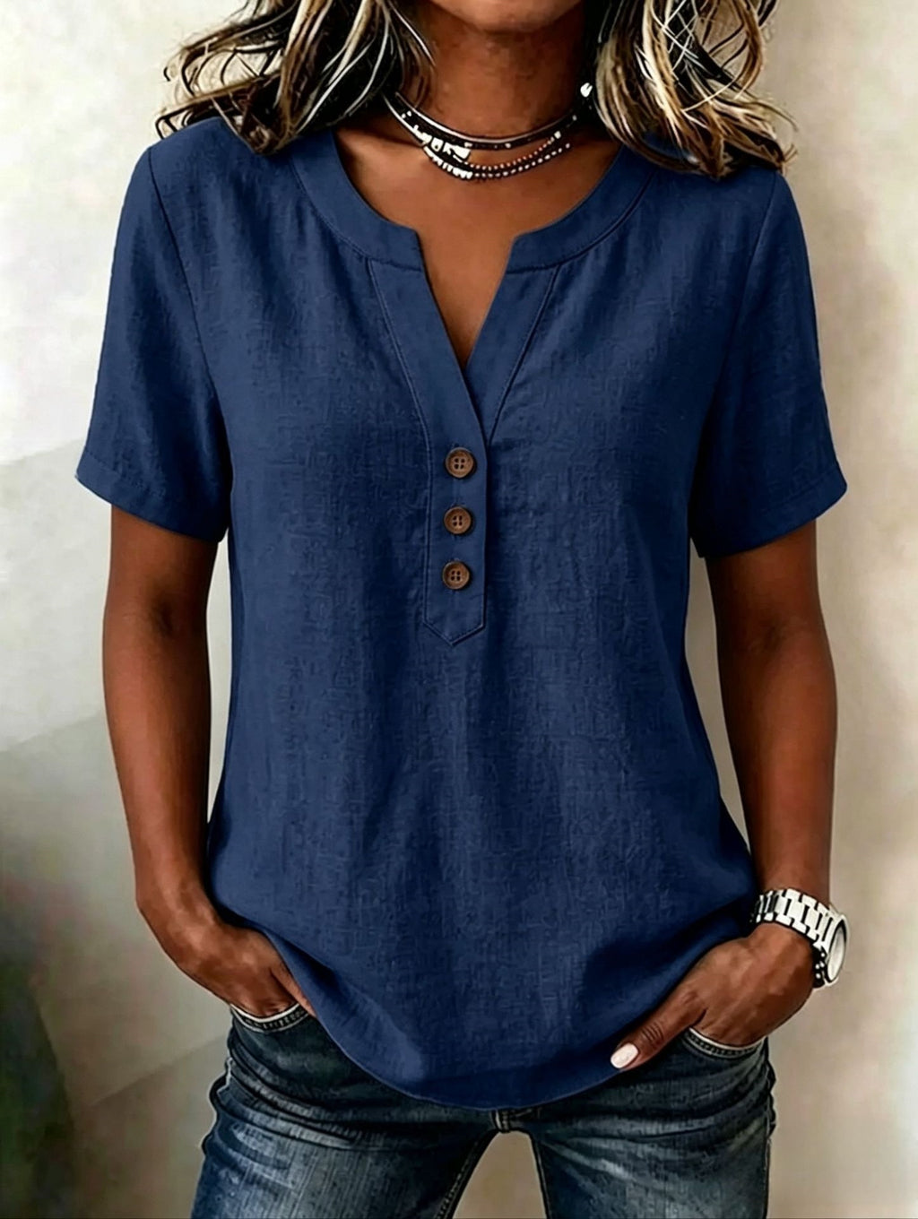 Casual Loose-fit Cotton-linen V-neck Button-up Top by Ricaloux