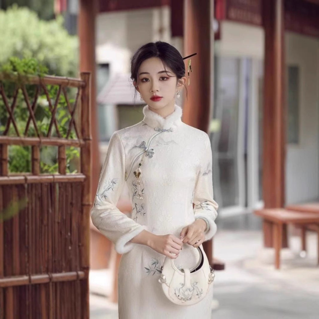 Improved Cheongsam Dress Winter Fleece-lined - RICALOUX