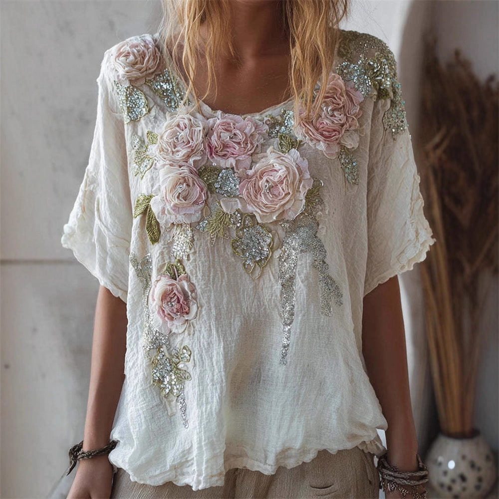 New Womens Short-sleeved Drop-shoulder Top With Faux Jacquard Design by Ricaloux