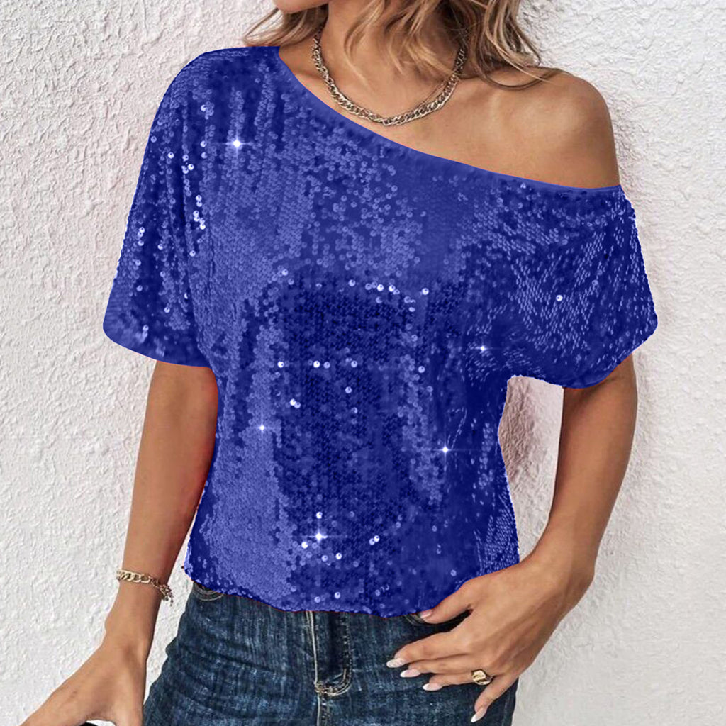 Womens Casual Solid-Color Loose Off-Shoulder Sequin T-Shirt by Ricaloux