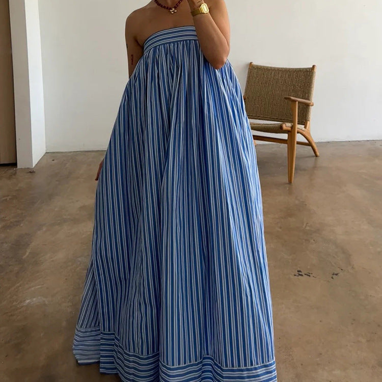 Strapless Blue And White Striped Maxi Dress by Ricaloux