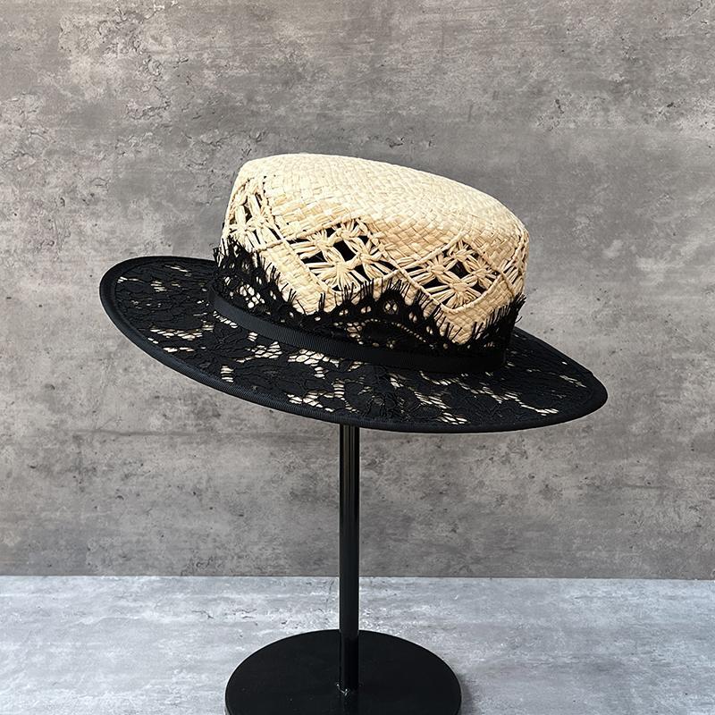 Hand-knitted Raffia Flat-Top Womens Vintage Lace Straw Sun Hat – Premium 0 | RICALOUX