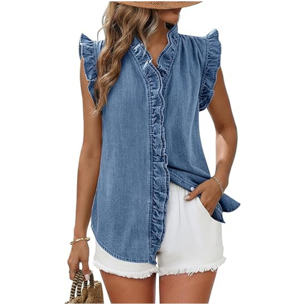 Womens Summer Casual Washed Denim Vest Top by Ricaloux