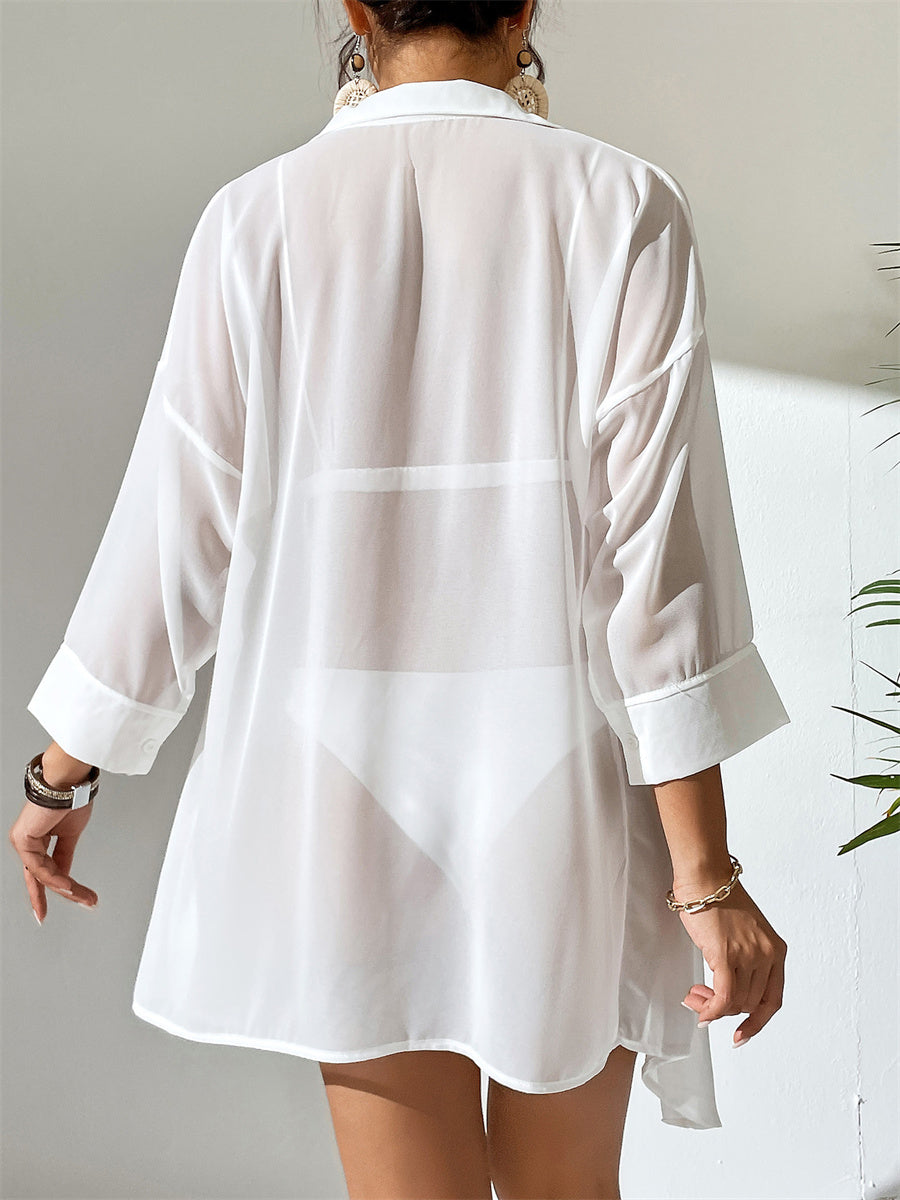 Women Chiffon POLO Casual Sun Protection Beach Cover Up Shirt, Thin Mesh Blouse, In Stock, Hot Selling For European & American Market by Ricaloux