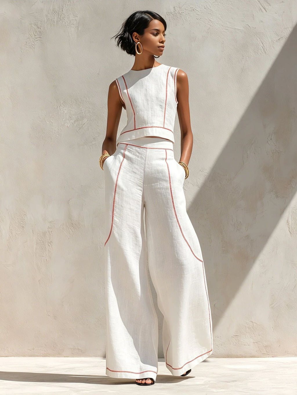 Sleeveless Color-Block Wide-Leg Pants Set Womens Summer Casual Chic Two-Piece Outfit by Ricaloux