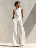 Sleeveless Color-Block Wide-Leg Pants Set Womens Summer Casual Chic Two-Piece Outfit by Ricaloux