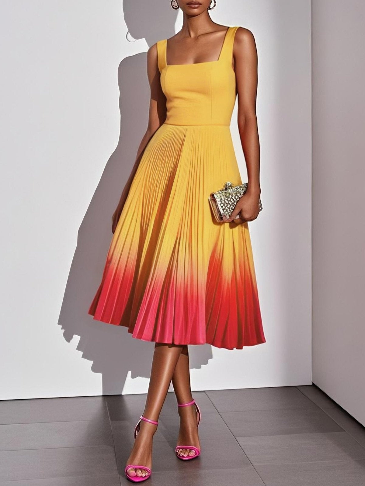 Square-neck Mid-length Dress With Gradient Pleats – Premium 0 | RICALOUX