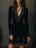Gothic Velvet Mini Dress - Deep V Neck Long Sleeve Lace Trim Embroidered Bodycon Dress by Ricaloux