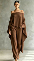 Autumn Fashion Off-Shoulder Wide-Leg Pants Set Womens Solid-Color Asymmetric Two-Piece Set by Ricaloux