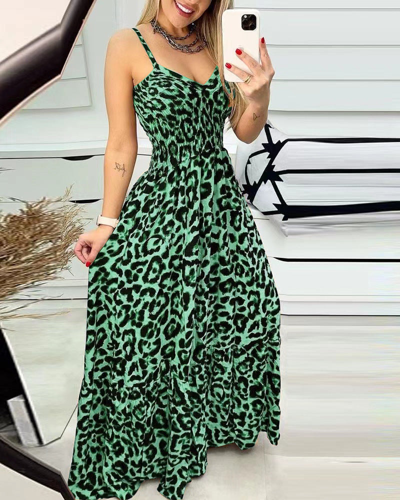Women's Leopard Print Spaghetti Strap Tiered Maxi Dress V-Neck Smocked Waist Flowy Long Dress For Summer – Premium 4 | RICALOUX