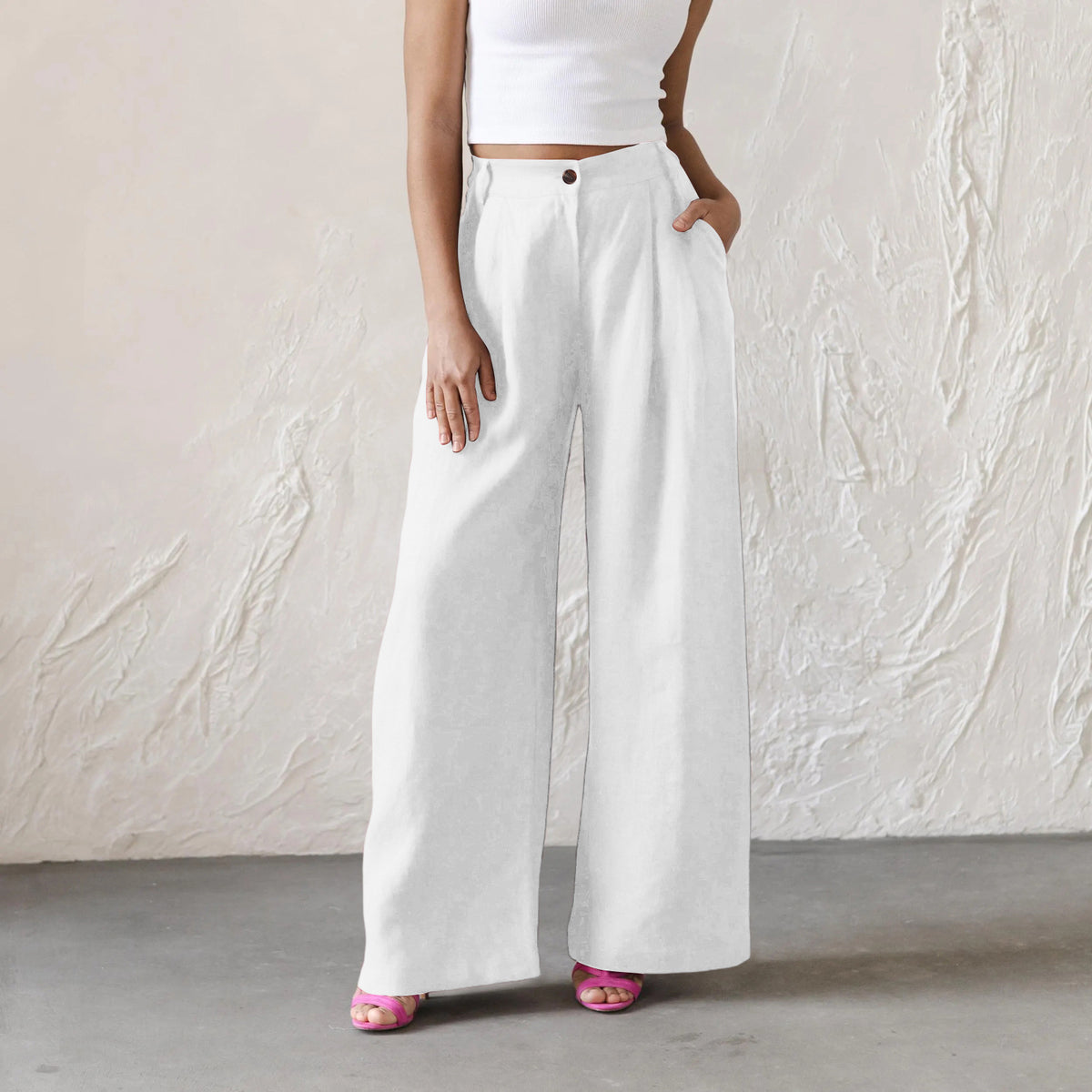 Womens Solid-Color High-Waisted Wide-Leg Pants Casual And Relaxed Fit Long Trousers by Ricaloux